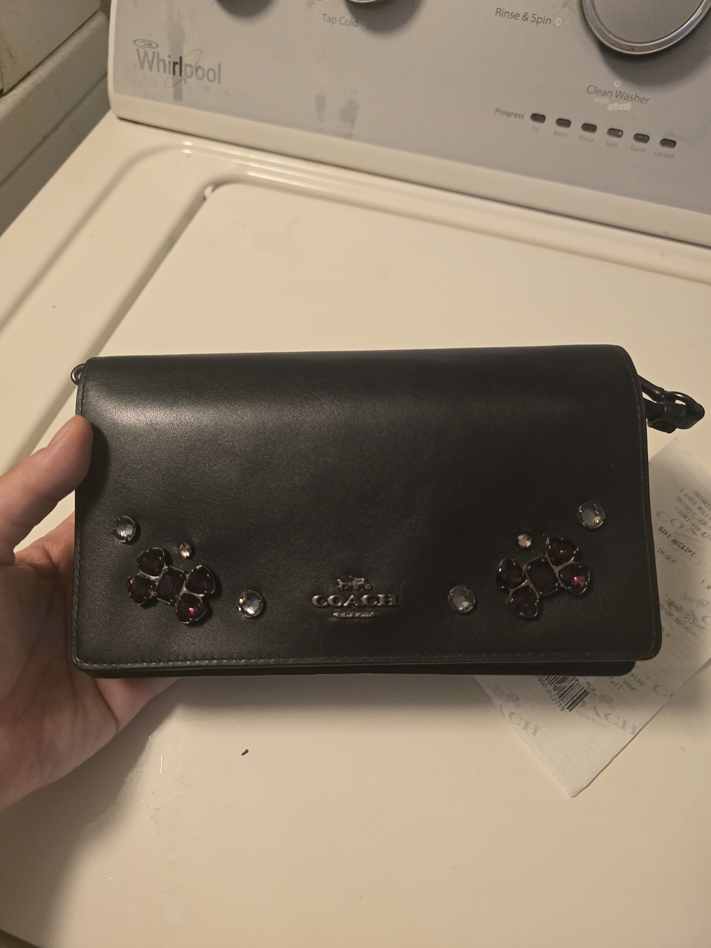 Coach Black Leather Crossbody Wallet with Gemstone Accents